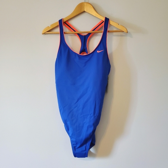 NWT Nike Laser Crossback One Piece Swimsuit - Royal Blue Orange Large - Picture 3 of 9